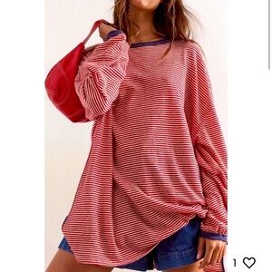 We The Free Womens Red White Striped Size Large Long Sleeve Linen blend